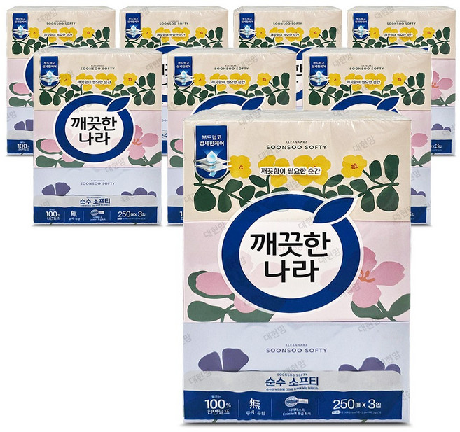 깨끗한나라 순수 소프티 천연펄프 미용티슈 2겹, 250매, 24개