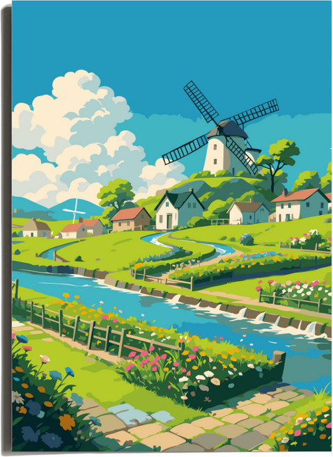 원그리드 DIY 명화그리기 세트 캔버스 유화그리기, 풍차와 시냇가, 1개