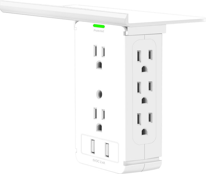 선반이 있는 3면 전원 스트립 8개의 AC 콘센트가 벽면 콘센트 익스텐더 2개의 USB 충전 포트 가정 사무실 침실 욕실용 플러그 익스펜더흰색, USB-A