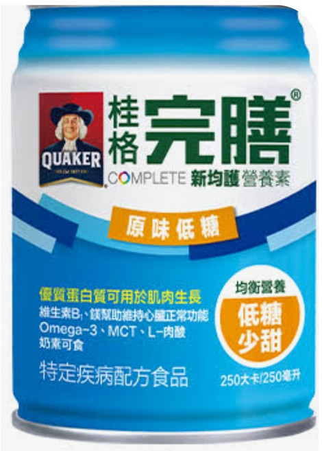 QUAKER 桂格 完膳 新均護營養素均衡營養配方 低糖，患者適用，補充體力，方便即飲, 250ml, 24罐