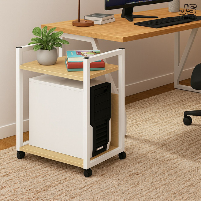 JS리빙 사무실 컴퓨터 본체 받침대 바퀴형 2단 서재 책상 밑 수납 카트 인테리어 다용도 정리대 선반 조립식 낮은 바퀴 트롤리 프린트 거치대 수납장 #AKDJORJUQKRH-63A