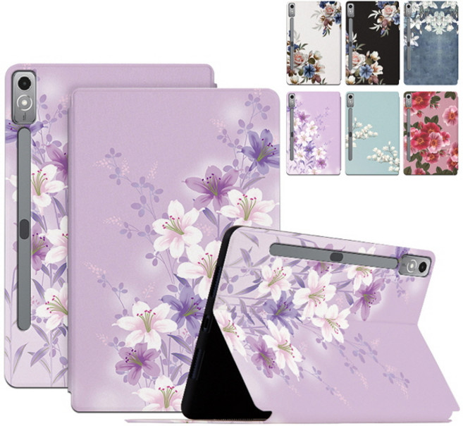 레노버 탭 P12 QHD 샤오신패드 프로 12.7 370FU 플라워 프린팅 스탠드 플립 가죽 태블릿 케이스, stc156 퍼플