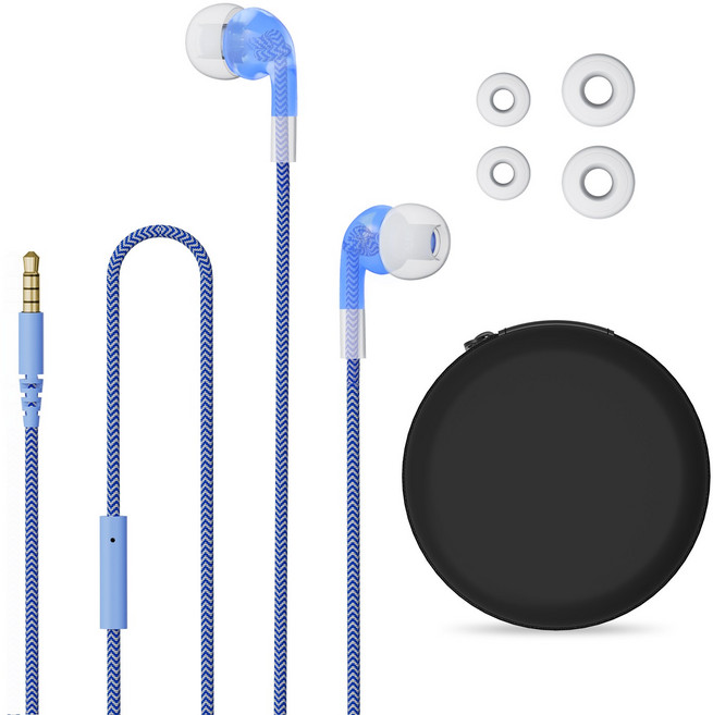 GeekriaDirect 유선 이어버드 마이크 및 볼륨 조절 기능이 있는 작은 귀에 적합한 85dB 볼륨 제한 기능을 갖춘 3.5mm 잭 인이어 이어폰 보관 케이스 포함, 파란색