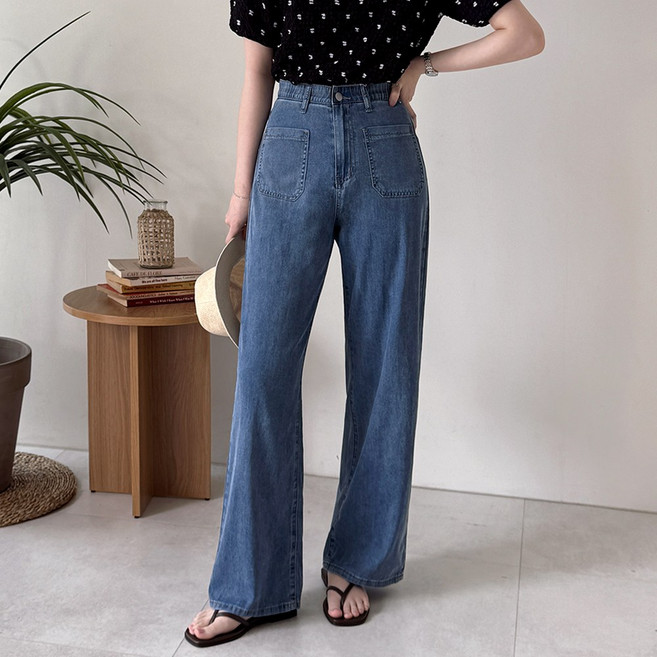 데일리앤 로잉 빅사이즈 여성 여름 청바지 쿨링 얇은 하이웨스트 앞포켓 세미 와이드 밴딩 데님팬츠