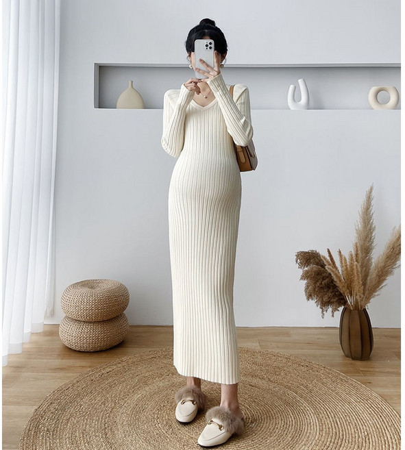 JIEVE 임산부 니트 롱 원피스 여성 넥 긴팔 겨울 패션 SG116222