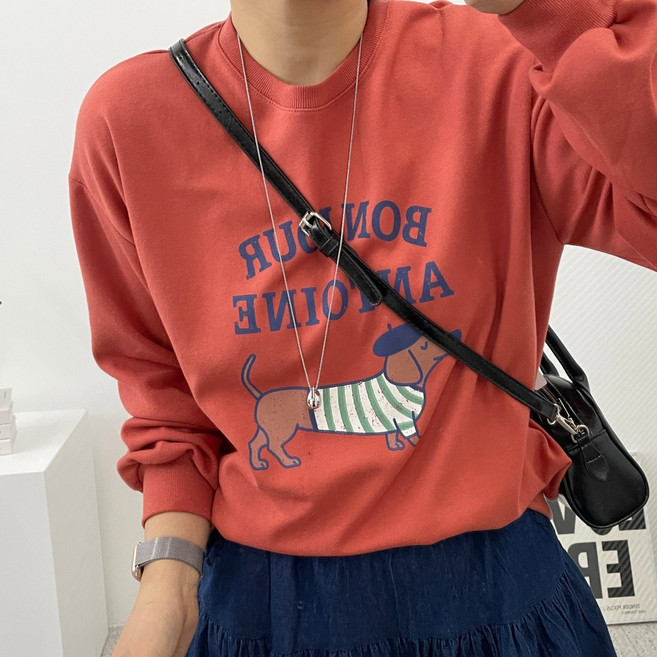 수니베 빅사이즈 여성의 닥스 퍼피 프린팅 루즈핏 빅사이즈 맨투맨 봄 데일리 오버핏 빅사이즈 강아지 닥스훈트 레터링 라운드넥 맨투맨 티셔츠 77 88 체형커버 봄 가을 귀여운 꾸안꾸