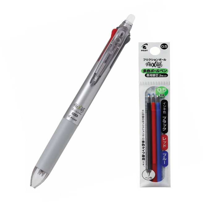 파이롯트 프릭션 지워지는 멀티 볼펜 0.5mm 리필심 세트, 3색 다크실버 1개+리필 혼합 3개입 1개