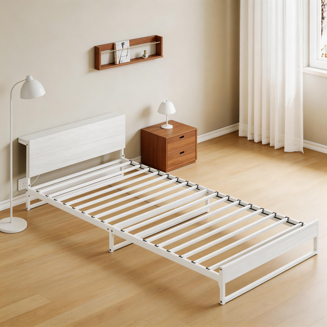 ONESOWON 철제 저상형 침대 프레임 원룸 헤드형 수납 선반 침대 매트리스 깔판, 화이트