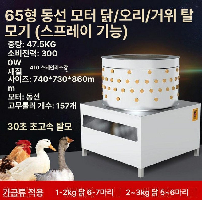 자동 작은 닭털뽑는기계 닭 50L 제거기 탈모기, 65형 구리 코어 - 물 분사 - 닭, 오리, 거위 -, 기본 모델명/품번
