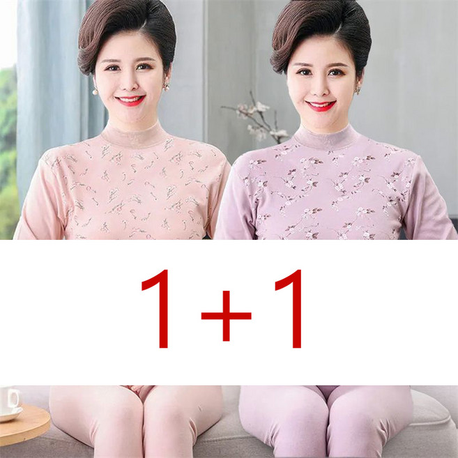 1+1 중년 여성 겨울 내의 세트 발열 기모 내의 세트 도톰 할머니옷 중장년 라운드넥 내복 상하 투피스 빅사이즈 2P CY
