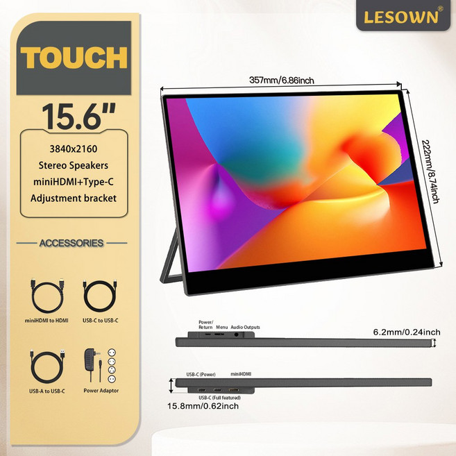 LESOWN UHD 3840X2160 모니터 LCD 화면 터치스크린 보조 휴대용 디스플레이 4K IPS 외부 인치 USB 15 HDMI PC 노트북, 없음, 13) 15.6in 4K Touch - 영국 플러그