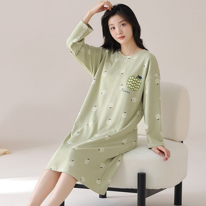 여성 원피스 잠옷 간절기 데일리 순면 긴팔 홈웨어 봄가을 빅사이즈 캐주얼 파자마 SJS