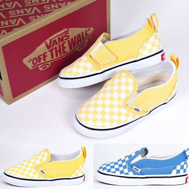 반스 체커보드 슬립온 토들러 유아 키즈 아기 찍찍이 블루 옐로우