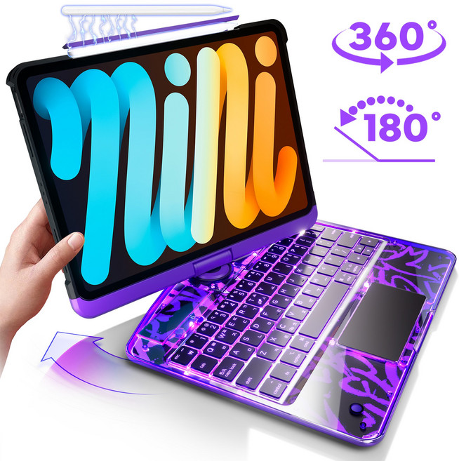 AITEWO 아이패드 호환 매직키보드 180도/360도 회전 케이스 펜슬수납 한국어 프로7/6/5/4/3/2세대 에어4/5/6/7 10.9/11/12.9/13인친 M2 M3 M4, 퍼플