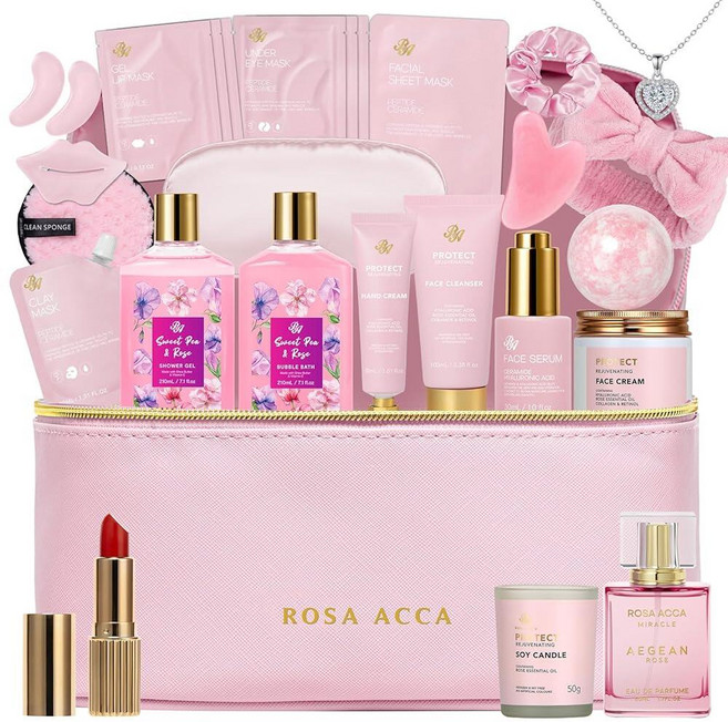 여성용 목욕 및 바디 선물 세트 스킨 케어 키트 스파 바구니 셀프 페이셜 시트 마스크 향수 화장품 가방 세럼 목걸이 배쓰밤 크리스마스 발렌타인 생일 어머니의 날 25개 2400, 핑크 로즈 + 완두콩