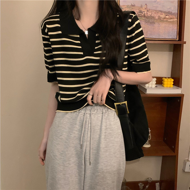 PETITBATH 스트라이프 브이넥 셔츠 얇은 냉장고 니트 반팔 W1893