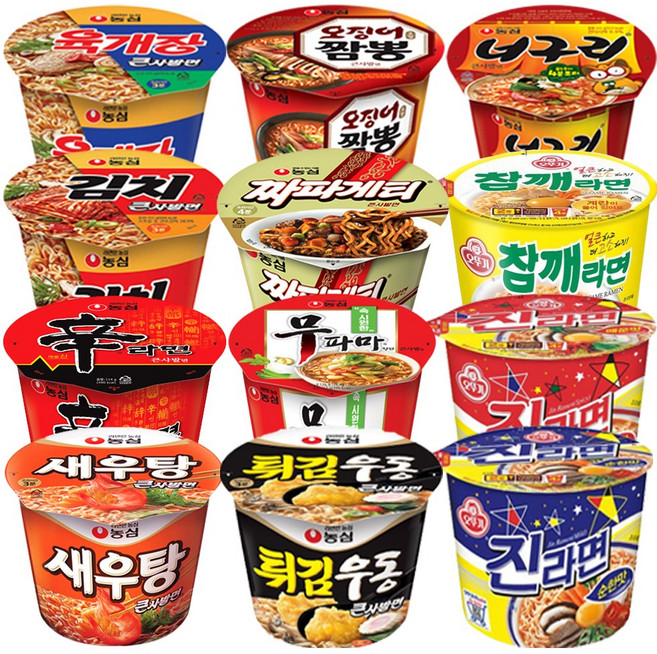 컵라면 큰컵 12종 (신라면+육개장+김치+무파마+새우탕+오징어짬뽕+튀김우동+짜파게티+너구리+진라면매운맛+진라면순한맛+참깨라면), 1박스