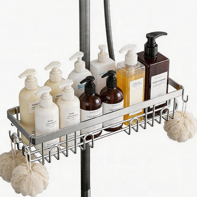 Yopence 스테인리스 수전걸이 욕실선반 무타공 샤워기거치대 샴푸정리대, 1개, 은색