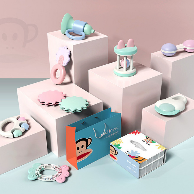 手搖鈴新生兒禮盒套裝寶寶玩具嬰兒搖鈴剛初生滿月禮物0-3, 1個, 大嘴猴手搖鈴8件裝-禮盒裝(送手提袋):1個