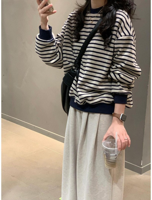 유니픽 여성 봄여름 순면 스트라이프 긴팔 편안한 루즈핏 맨투맨WQ