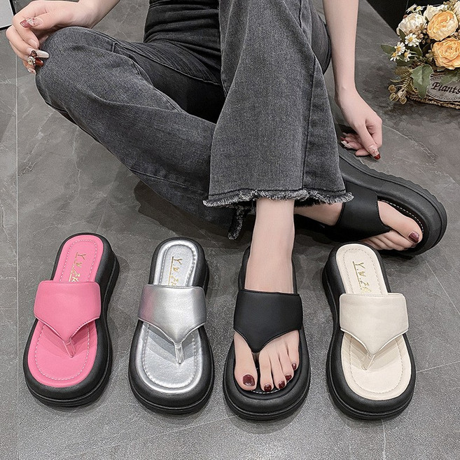 HANLIN 여성 데일리 7cm 통굽 푹신한 쿠션 쪼리샌들 슬리퍼 17FD02D