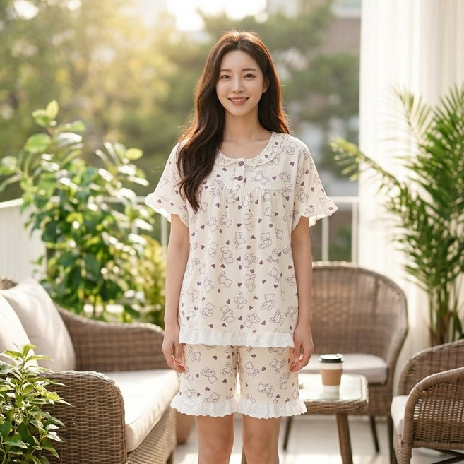 캐리루시 여성 크링클 투버튼 자수프릴 반팔 잠옷 상하세트