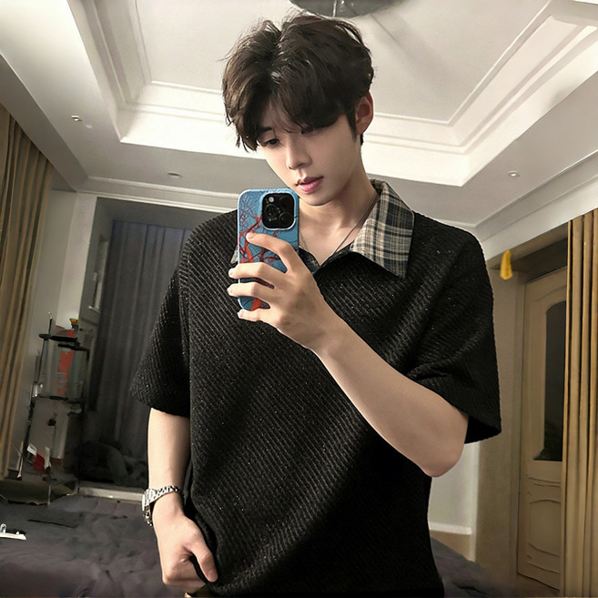스타일닥터 여름 남성 폴로 셔츠티셔츠 체크 칼라 텍스처 오버핏 반오픈 넥 데일리 캐주얼 상의