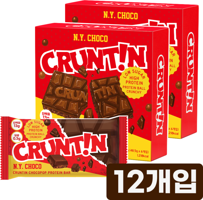 [본사공식몰] 크런틴 초코팝 단백질바 NY초코 당0g대, 12개, 48.5g