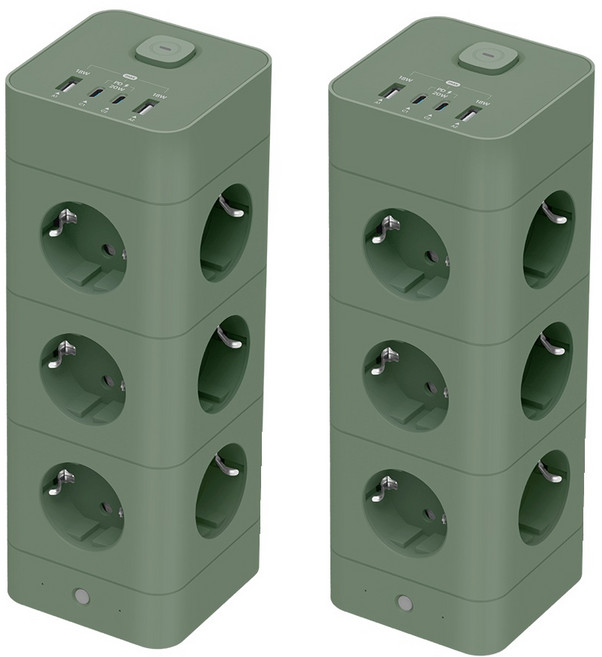 혼카 1+1 에코너 타워형 큐브 멀티탭 4000W 고용량 고속충전 8구 12구 16구 USB-A 2개 + C타입 2개 MT08 MT09 MT10, 에코너 MT10 프로스트 그린, 180cm