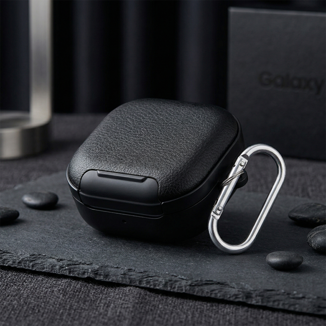 엘링스 갤럭시 버즈4 / 4 프로 호환 가죽 텍스처 하드 케이스 + 카라비너, 1개, 블랙, Galaxy Buds 4