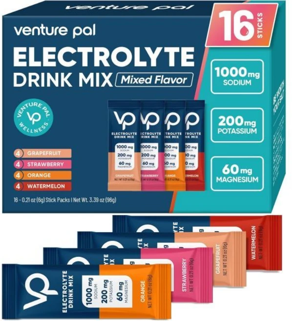 스포츠 운동 음료 믹스 파우더 Venture Pal 벤처 팔 고나트륨 무설탕 전해질 포켓 비타민 나트륨 칼륨이 함유된 수분 공급 패킷 제로 칼로리 비건 케토 팔레오 친화 16개, V1-오리지널 품종 소금, 6 온스 (16개 묶음) - 쿠팡