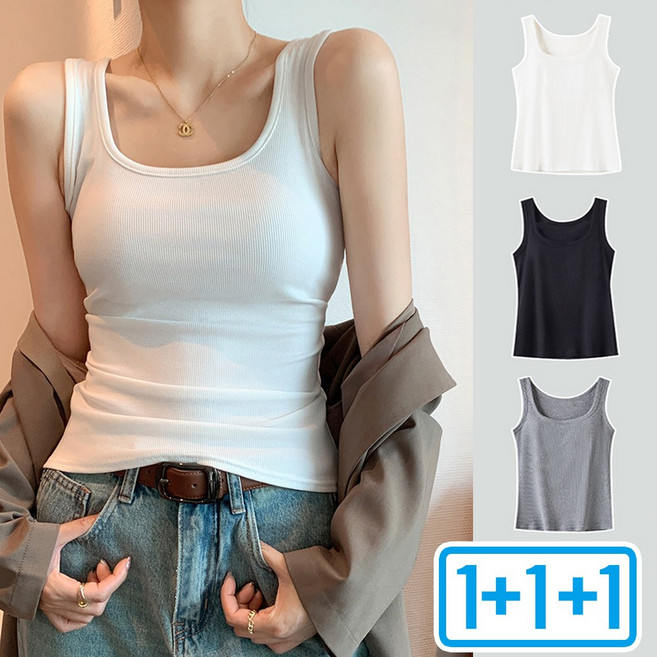 1+1+1 여름 여성 스퀘어넥 나시 골지 이너 민소매나시