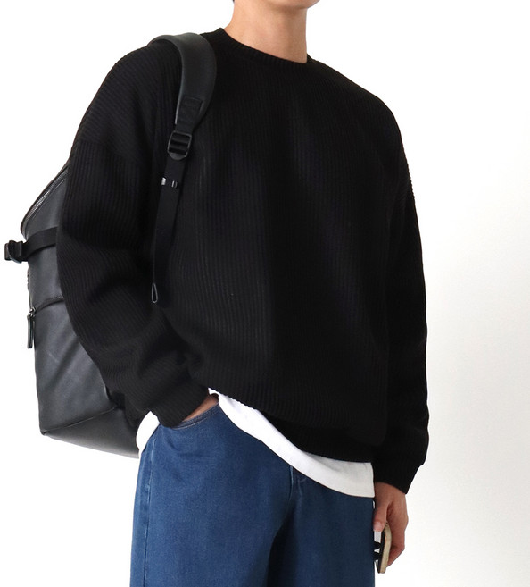 지지블랙 로먼 오버핏 골지 라운드 니트 맨투맨 빅사이즈