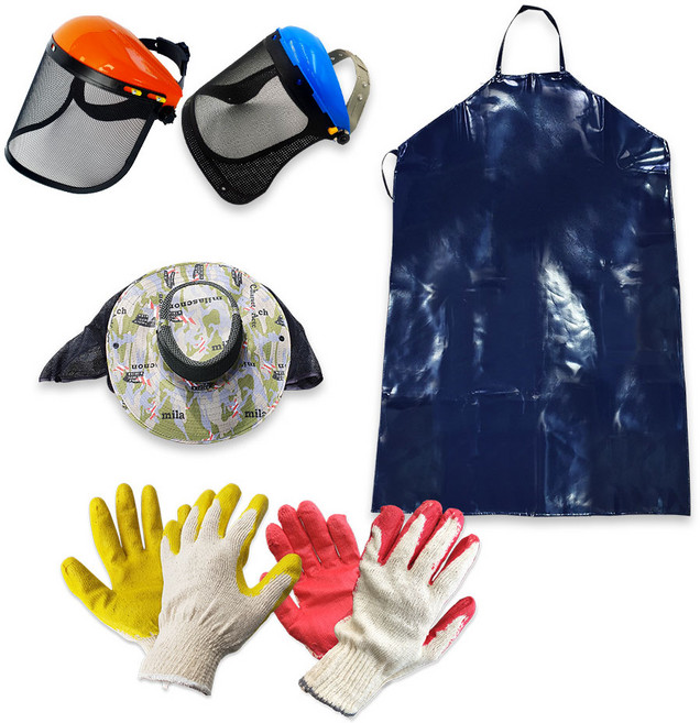 안전용품 4세트(예초기용안전망+레자or망사앞치마+정글모+반코팅장갑 1타), 예초기용안전망+레자앞치마+정글모+반코팅/노랑 1타, 1개