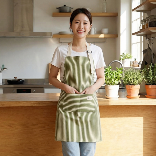 슈나온 북유럽풍 스트라이프 앞치마, 1개, 그린