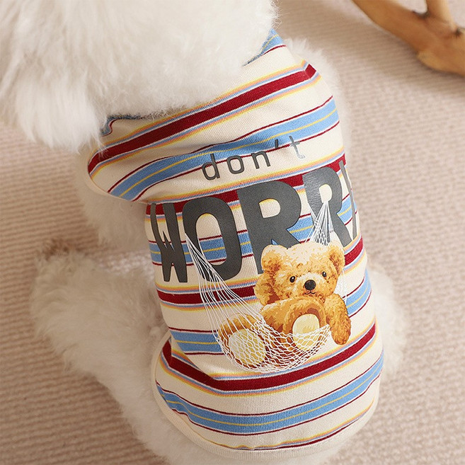 멍담 강아지 고양이 레트로 스트라이프 티셔츠, 1개, 레드