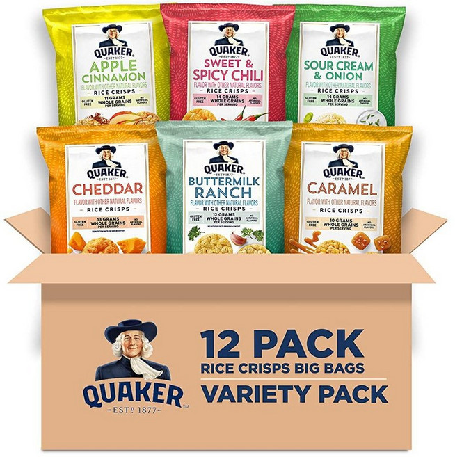 Quaker 라이스 크리스프 글루텐 프리 3가지 맛 스위트 버라이어티 믹스 25.8g0.9온스 백 30개 팩 221183, 애플 시나몬 / 스위트 & 스파이시 칠리 / 사워 크림, 25.8g, 1개