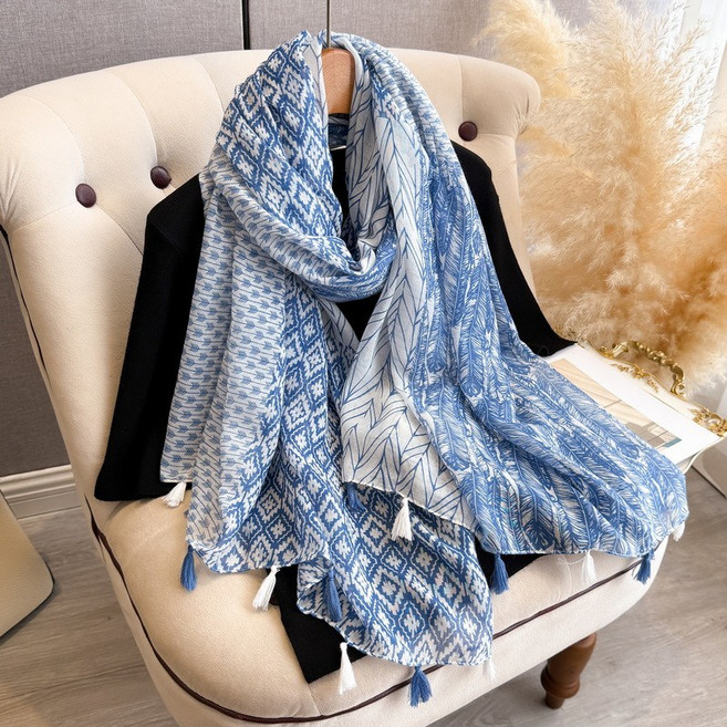 소울린느 보헤미안 에스닉 블루 믹스 롱사이즈 쉬폰 스카프(1color)