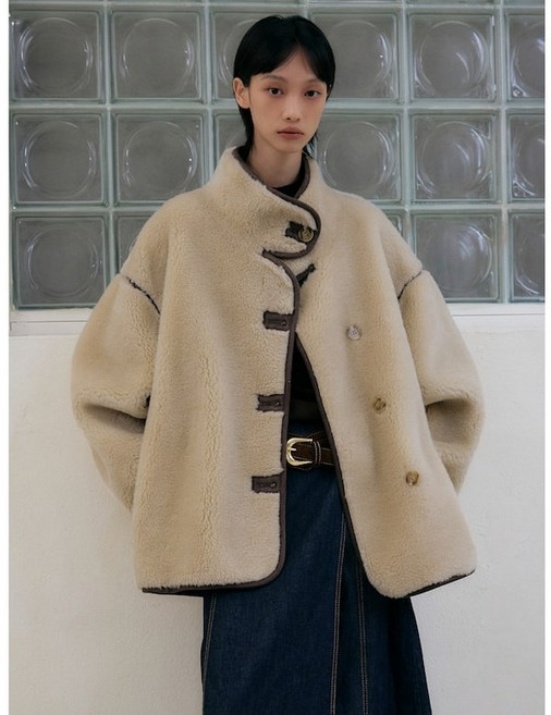 LEFTSEOUL 리얼 양털 오버핏 라인 무스탕 자켓 베이지 1105901