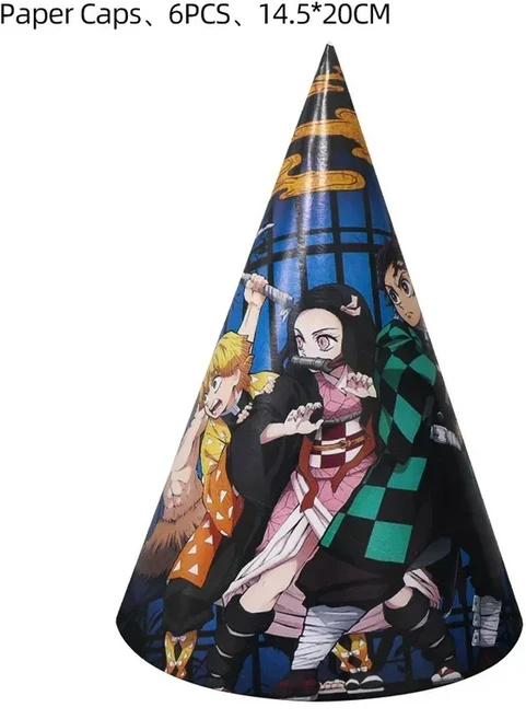 귀멸의 칼날 테마 생일 파티 장식 식기류 용품 라텍스 풍선 배경 케이크 토퍼, 01 기타, 08 6pcs paper caps