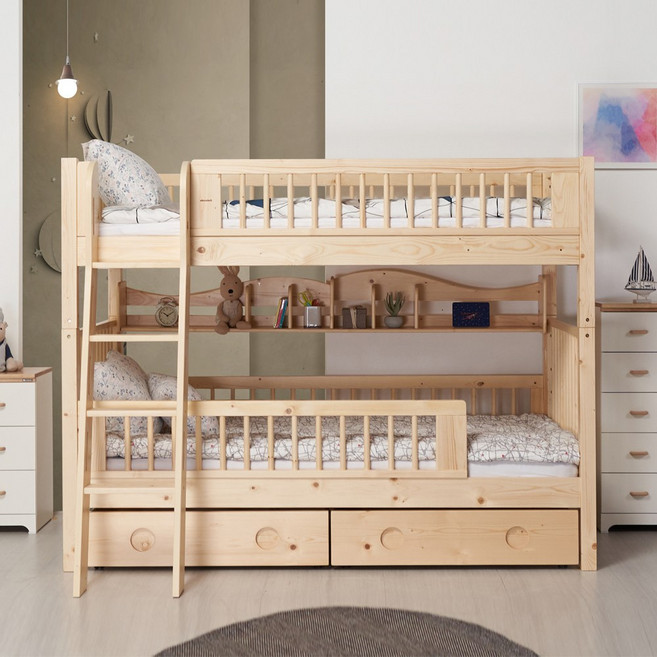 [에보니아] 파스텔 원목 분리형 이층침대 서랍포함 (매트 가드 옵션선택), 침대(내추럴)_매트제외_가드제외 (책꽂이제외)