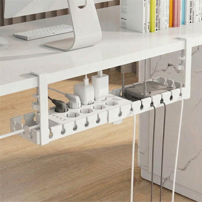 잔비오 무타공 철제 길이조절 멀티탭 거치대 정리함 책상 밑 콘센트 전선 정리 트레이, 화이트, 1개