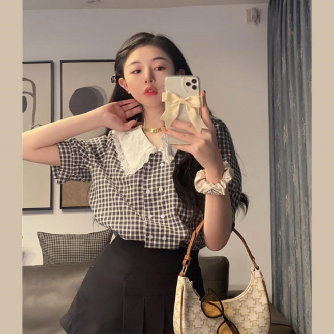 jieve 여성 여름 체크 화이트 빅칼라 퍼프슬리브 블라우스 데일리 상의 SG011646