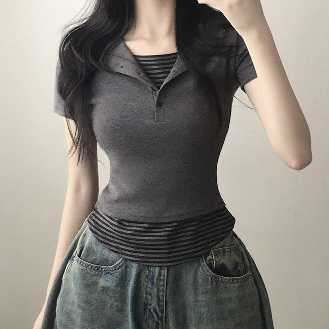 레이어드일체형/말라핏 단가라 단추 가디건 반팔티셔츠 2color