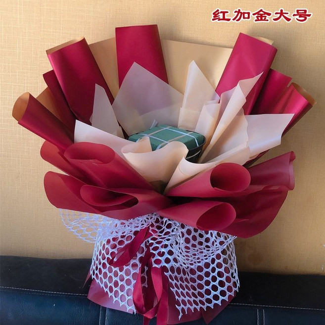 藏青中號花桶款半成品花束包裝材料, 紅加金雙色大號花桶送燈 竹簽 膠帶, 1個