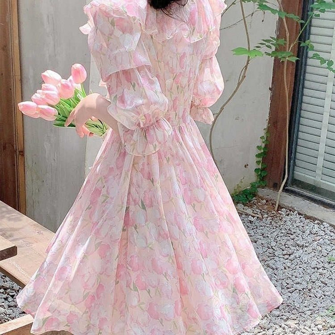 페이준 봄 여름 브이넥 플라워 원피스 스위트 감령 프릴 하이웨이스트 A라인 예쁜 쉬폰 미디원피스 5부 소매 YFC213