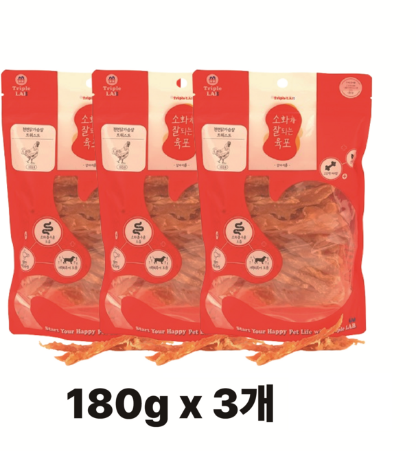Triple LAB 강아지간식 소화가 잘되는 육포, 3개, 180g, 천연 닭가슴살 트위스트