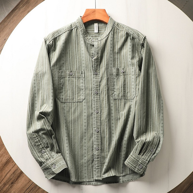 스타일리시한 스탠드 칼라 문예풍 봄 남성 일본식 카키색 복고풍 세로 줄무늬 스탠드 칼라 긴팔 셔츠