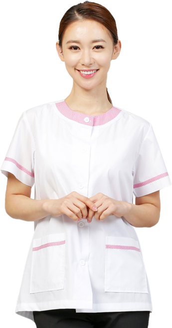 핑크체크 라운드 반팔 여자상의 반팔위생복 식품 공장 급식실 가운 위생가운