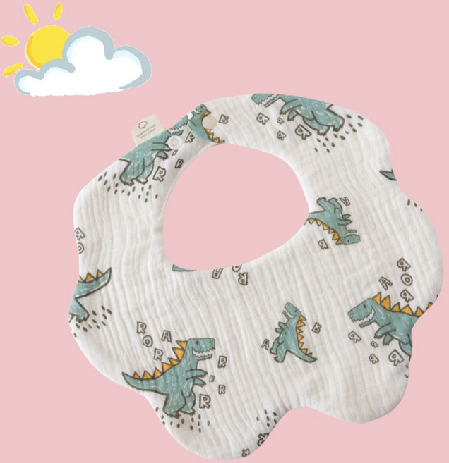 六層紗布嬰兒口水巾圍兜 花瓣造型 純棉透氣瞬吸 新生兒防溢奶巾 綠色恐龍款, 1個, B款-綠色恐龍